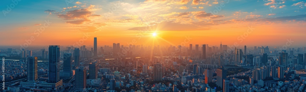 Fototapeta premium Sunset over a city with tall buildings and a river, banner, copy space