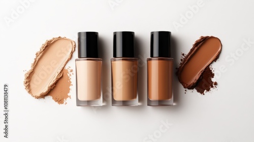 Three makeup foundation bottles with swatches in front, representing cosmetic diversity and inclusivity, with smooth texture appealing to artistic sensibilities. photo