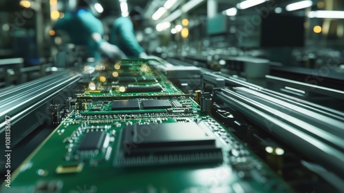 Close-up of a circuit board in a modern electronics manufacturing facility, showcasing intricate details and processing machinery. photo