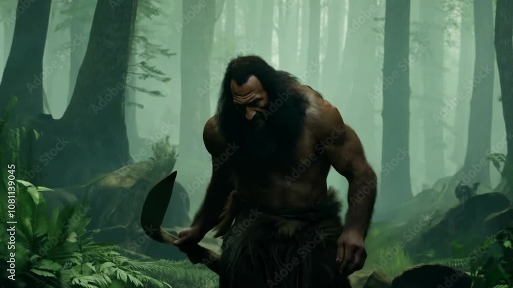 Caveman With Spear Emerges From Cave to Hunt in Prehistoric Forest Generative AI Caveman With Spear Emerges From Cave to Hunt in Prehistoric Forest Generative AI