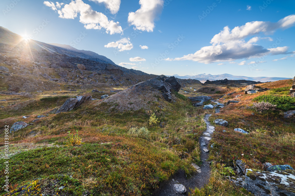 Fototapeta premium Path Through Beautiful Rocky Valley In Tundra