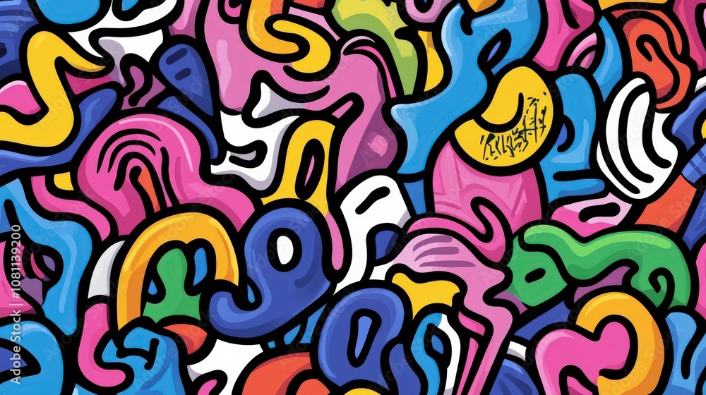 Colorful graffiti mural filled with abstract shapes in an urban environment Colorful graffiti mural filled with abstract shapes in an urban environment