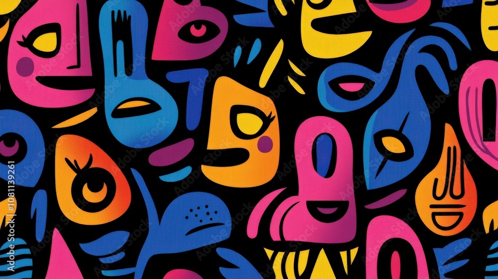 Vibrant graffiti mural featuring abstract faces and colorful designs Vibrant graffiti mural featuring abstract faces and colorful designs
