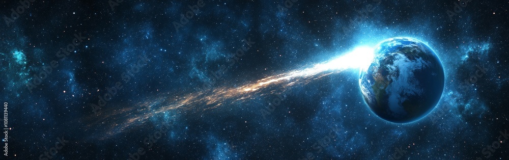 Comet passing planet Earth in outer space, cosmic scene for sci-fi visuals Comet passing planet Earth in outer space, cosmic scene for sci-fi visuals