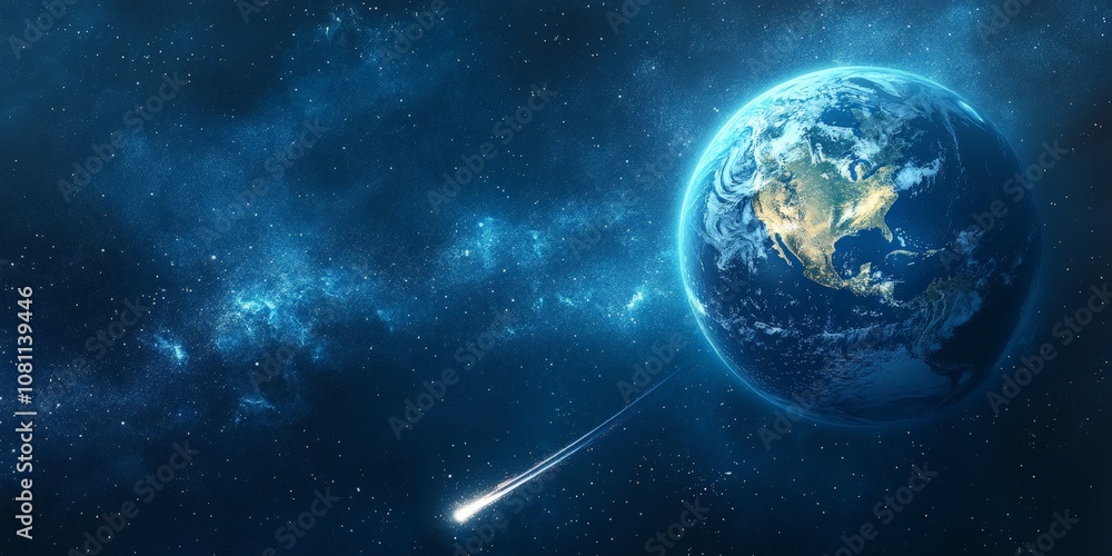 Comet passing planet Earth in outer space, cosmic scene for sci-fi visuals Comet passing planet Earth in outer space, cosmic scene for sci-fi visuals