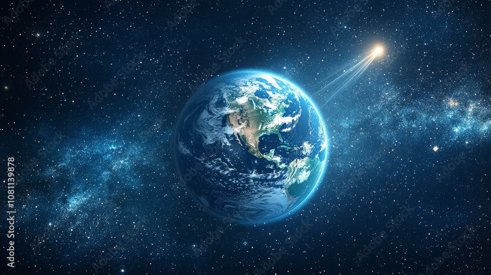 Comet passing planet Earth in outer space, cosmic scene for sci-fi visuals Comet passing planet Earth in outer space, cosmic scene for sci-fi visuals