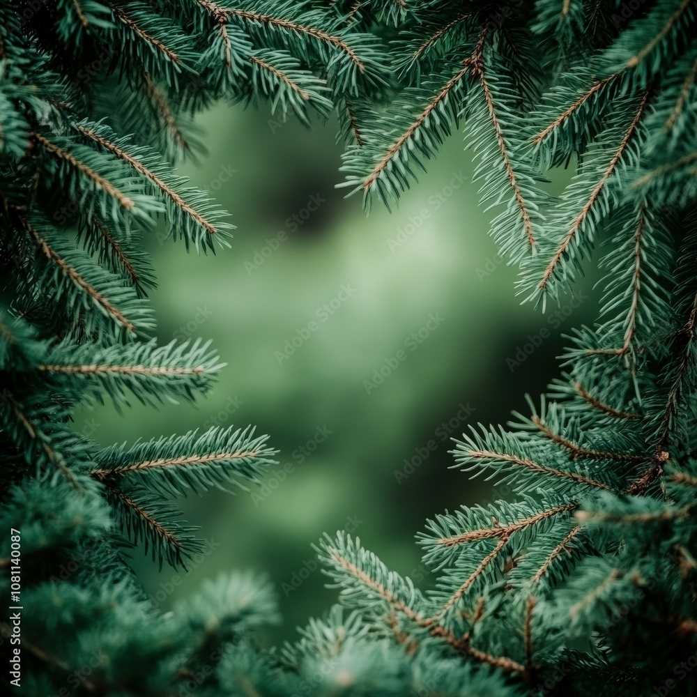 A close view of fir tree branches framed against a blurred green backdrop A close view of fir tree branches framed against a blurred green backdrop