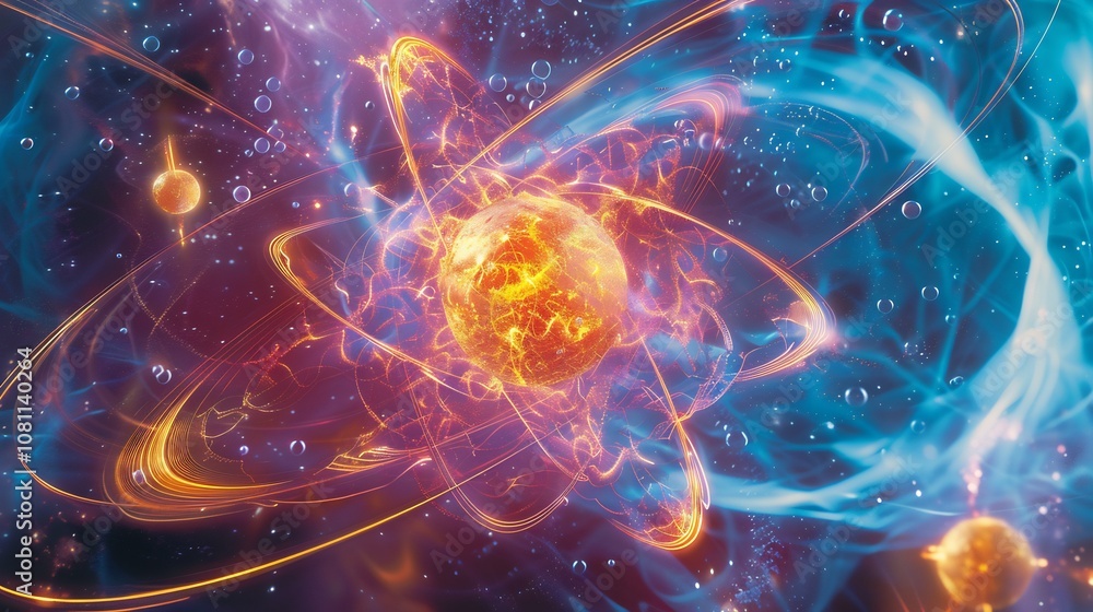 Detailed illustration of an electron cloud around a nucleus showing various energy levels Detailed illustration of an electron cloud around a nucleus showing various energy levels