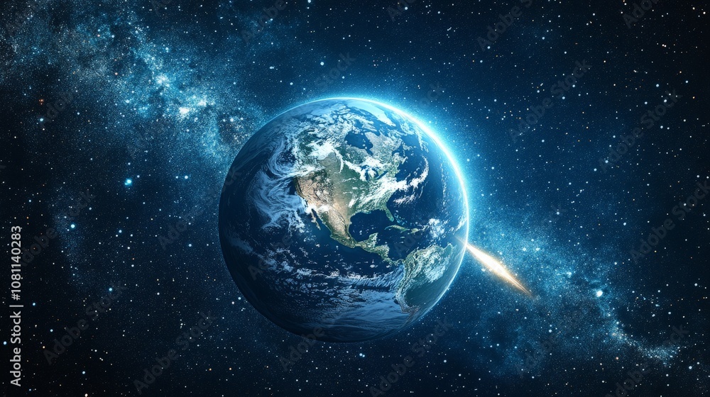 Obraz premium Comet passing planet Earth in outer space, cosmic scene for sci-fi visuals