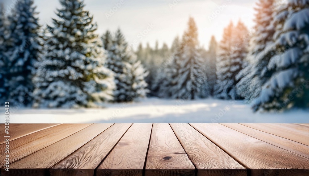 empty wooden tabletop with blurry snowy forest background for winter and holiday product mockup design empty wooden tabletop with blurry snowy forest background for winter and holiday product mockup design