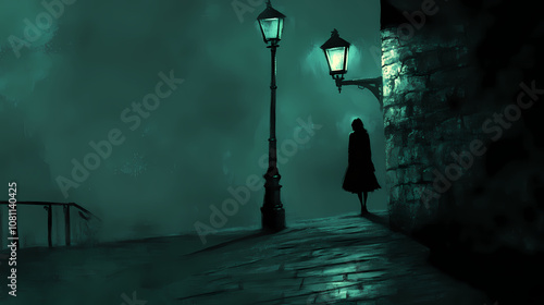 A lone figure's shadow stretches long against a wall, bathed in the eerie glow of a streetlight at night. an enigma unfolds in the darkness. Enigma. Illustration photo