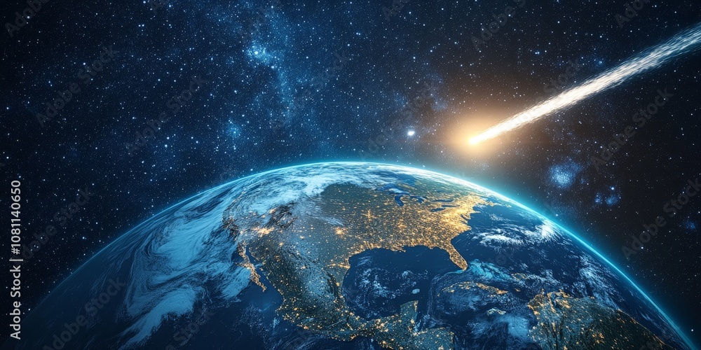 Comet passing planet Earth in outer space, cosmic scene for sci-fi visuals Comet passing planet Earth in outer space, cosmic scene for sci-fi visuals