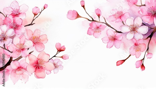 watercolor painting of pink cherry blossom branches on white background with copy space for design and illustration