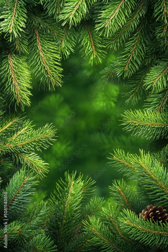 Fresh fir tree branches framing a vibrant green background in nature Fresh fir tree branches framing a vibrant green background in nature