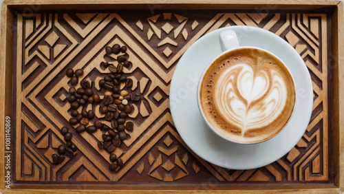 Latte with Heart Art in White Cup on Intricately Carved Wooden Tray with Coffee Beans