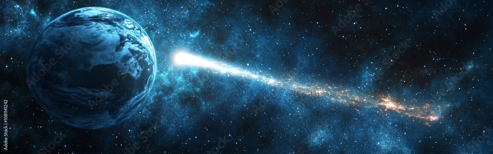 Obraz premium Comet passing planet Earth in outer space, cosmic scene for sci-fi visuals