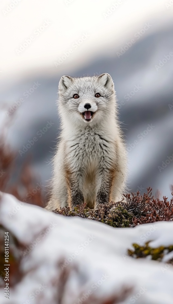 Fototapeta premium Smiling Arctic Fox in Snowy Landscape with Red Berries, Wildlife Portrait Photography