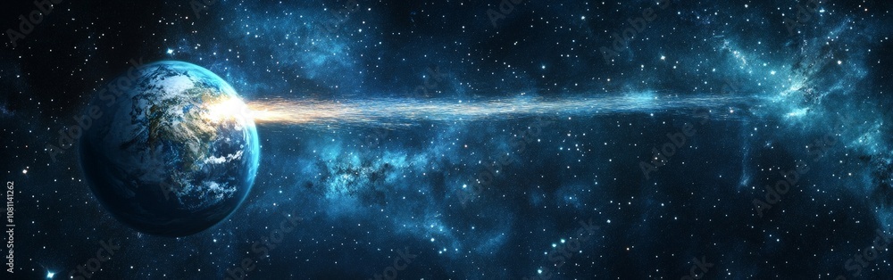 Fototapeta premium Comet passing planet Earth in outer space, cosmic scene for sci-fi visuals