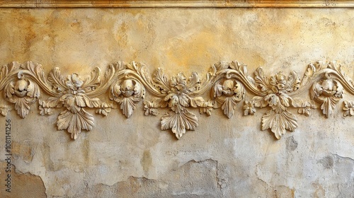 The ornamentation of a baroque element on a textured wall. A close-up view of vintage architectural decorations.