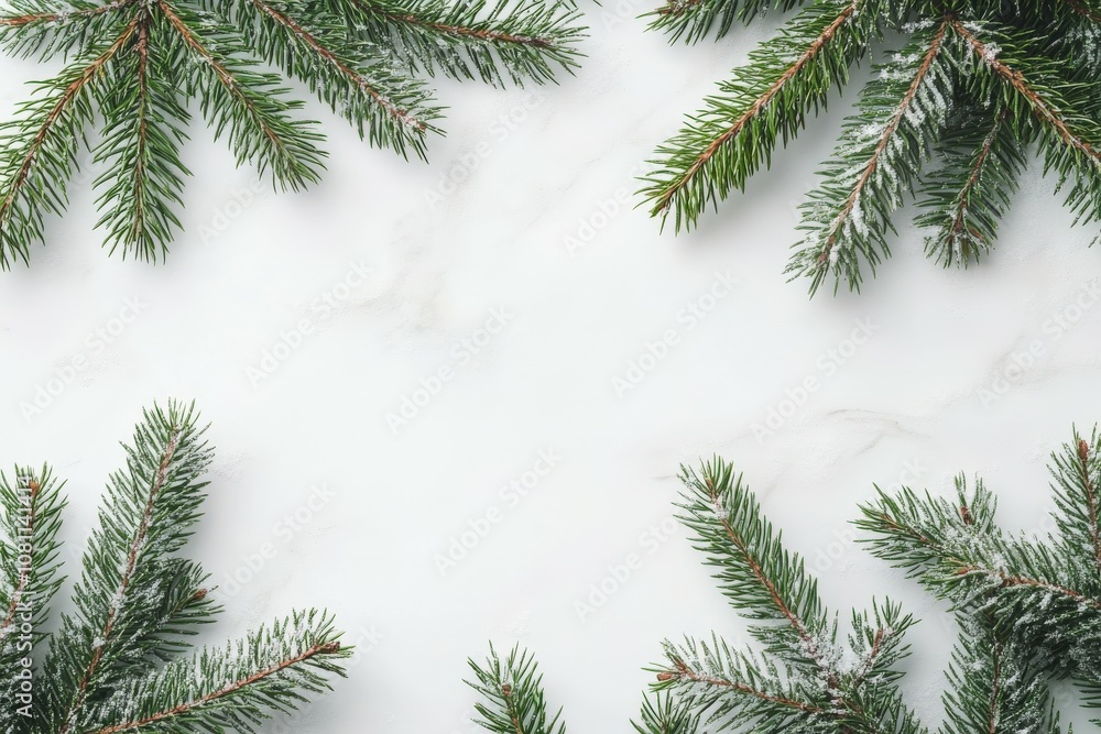 Snow-dusted fir tree branches create a festive background for winter scenes Snow-dusted fir tree branches create a festive background for winter scenes