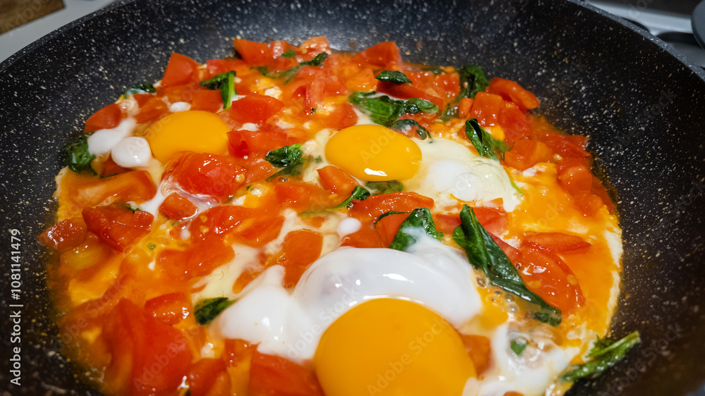 A vibrant dish of shakshuka with fresh tomatoes, eggs, and greens in a skillet, perfect for a Mediterranean breakfast A vibrant dish of shakshuka with fresh tomatoes, eggs, and greens in a skillet, perfect for a Mediterranean breakfast