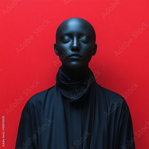 Black mannequin wearing a black shirt against a red wall, sale discount concept