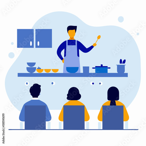 A man is teaching a group of people how to cook. The man is standing in front of a table with a pot and a spoon. There are three people sitting at the table, watching the man