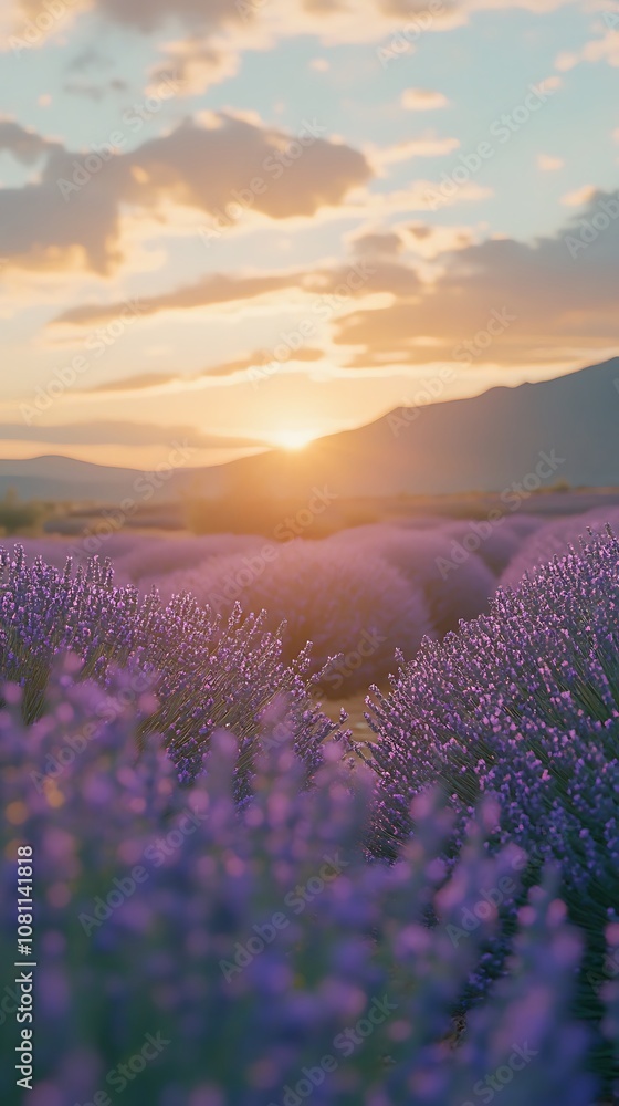Fototapeta premium Sunset glow over lavender fields creating a stunning landscape wallpaper.
