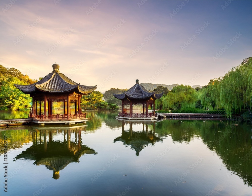 Traditional Chinese Pavilions in Hangzhou’s West Lake Surrounded by Lush Gardens and Reflective Waters, Creating a Serene Cultural Landscape Perfect for Peaceful Meditation and Photography Traditional Chinese Pavilions in Hangzhou’s West Lake Surrounded by Lush Gardens and Reflective Waters, Creating a Serene Cultural Landscape Perfect for Peaceful Meditation and Photography