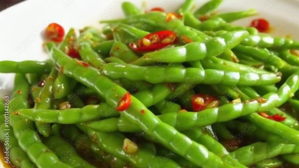 Close-Up of Sautéed Green Beans with Chili and Garlic Highlighting Vibrant Colors Close-Up of Sautéed Green Beans with Chili and Garlic Highlighting Vibrant Colors