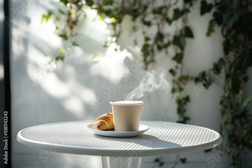 Café com croissant em mesa externa com luz natural e plantas ao fundo, ambiente aconchegante e tranquilo, criado por IA generativa. photo