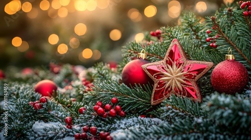 Festive Christmas tree adorned with red ornaments and a shining star.