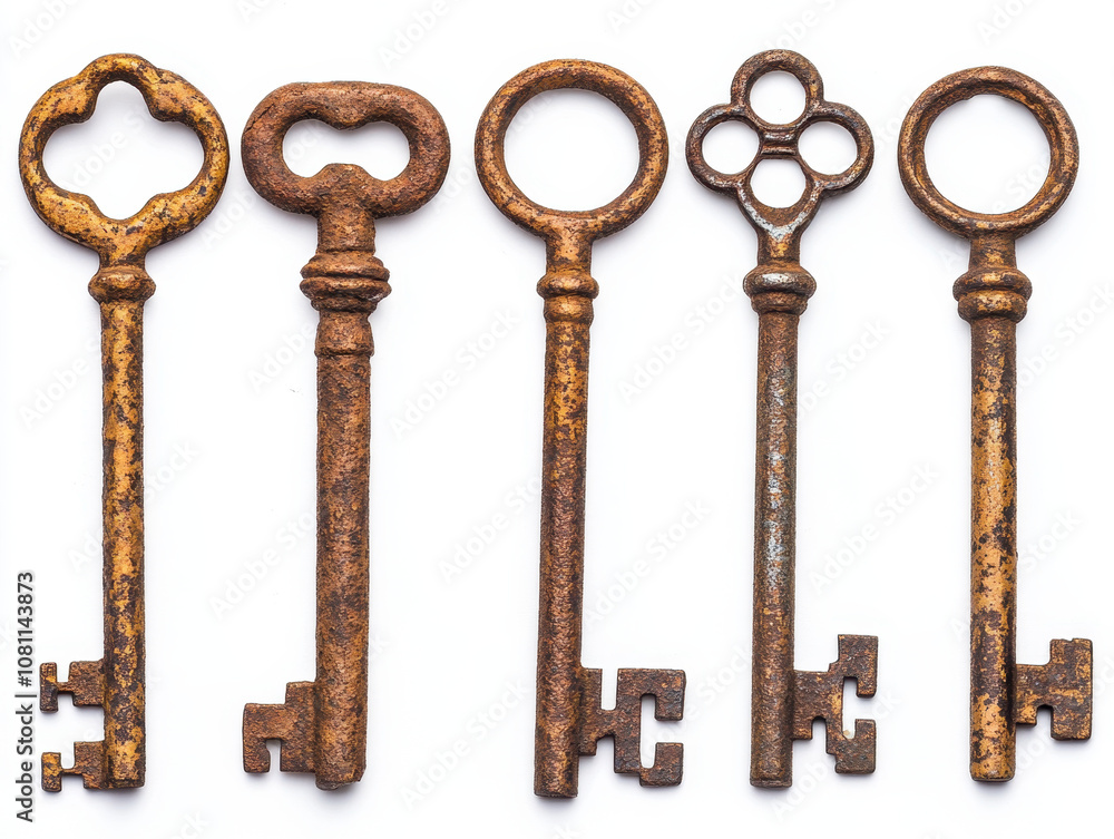 Five antique keys with unique patterns and wear are arranged neatly Five antique keys with unique patterns and wear are arranged neatly