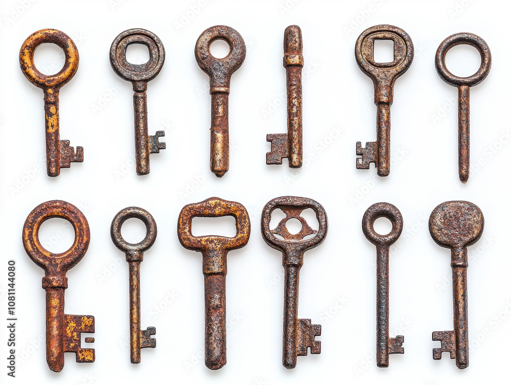 Five antique keys with unique patterns and wear are arranged neatly Five antique keys with unique patterns and wear are arranged neatly