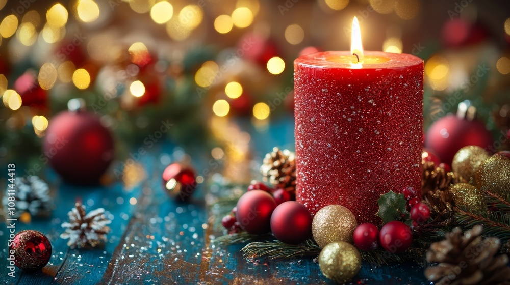 Candlelit Christmas setting with festive decorations and twinkling lights. Candlelit Christmas setting with festive decorations and twinkling lights.