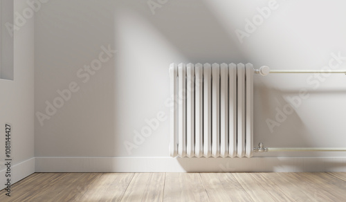 room with radiator. heater radiator with white wall in the building, gas energy. 3d rendering.