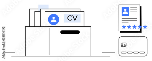 Files in a box, resumes labeled CV, document with user profile, rating stars, and credit card. Ideal for recruitment, job applications, HR, employment services staffing agencies employee reviews