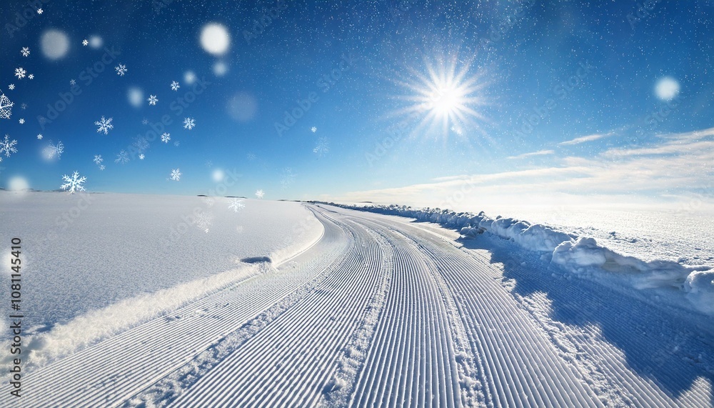 Clear snow-covered wavy field with a road and snowflakes flowing through blue sunny sky, background, giving winter holiday atmosphere. Background with copy space for text. Clear snow-covered wavy field with a road and snowflakes flowing through blue sunny sky, background, giving winter holiday atmosphere. Background with copy space for text.