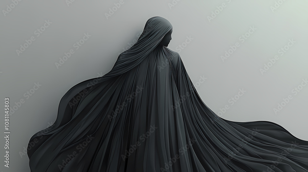 A mysterious figure shrouded in flowing black fabric, evoking themes of enigma and allure in a dramatic silhouette. Enigma. Illustration A mysterious figure shrouded in flowing black fabric, evoking themes of enigma and allure in a dramatic silhouette. Enigma. Illustration
