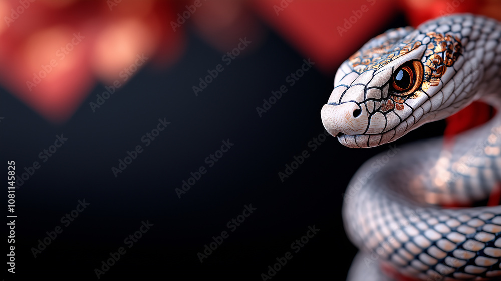 Obraz premium A mesmerizing close-up of a detailed snake illustration with intricate golden accents on its scales, set against a dark background, symbolizing transformation and wisdom in Chinese New Year.