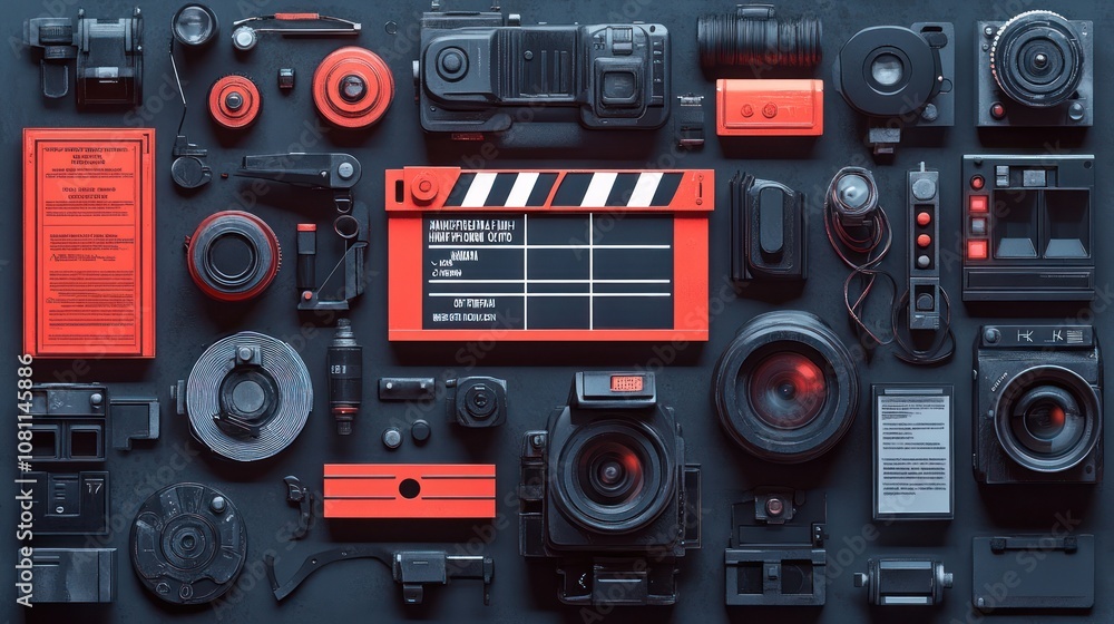 A flat lay of various film and video equipment, including cameras, lenses, microphones, and a clapperboard. The items are arranged in a grid pattern on a dark background. A flat lay of various film and video equipment, including cameras, lenses, microphones, and a clapperboard. The items are arranged in a grid pattern on a dark background.
