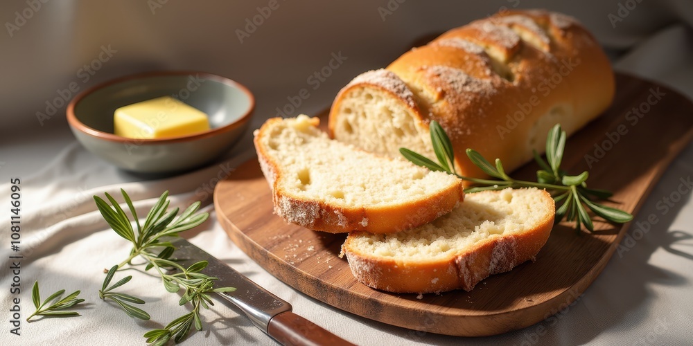 Freshly Baked Bread with Butter on Wooden Board Freshly Baked Bread with Butter on Wooden Board
