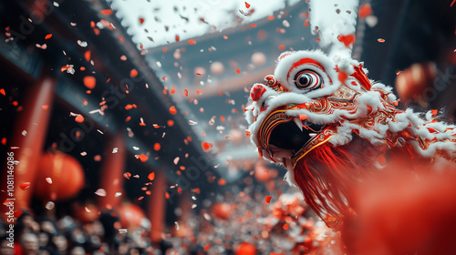 A dynamic scene of a traditional Chinese lion dance costume adorned with intricate patterns, surrounded by red petals and blurred festive decorations in a bustling Chinese New Year celebration. photo