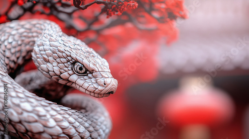 A detailed wooden snake sculpture with textured scales and piercing eyes, set against a vibrant red backdrop featuring blossoms and traditional lanterns in soft focus. photo