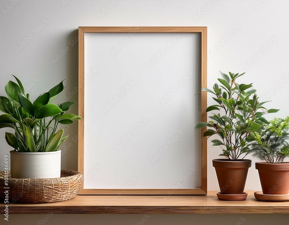 a blank poster frame mockup on a wooden shelf with plants in pots and on a tray the background is a white wall a blank poster frame mockup on a wooden shelf with plants in pots and on a tray the background is a white wall