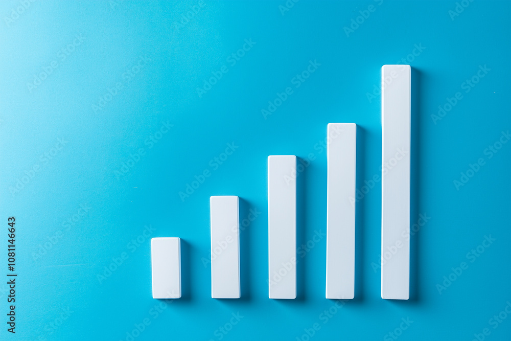 White rising bar chart on blue background with copy space. Business economic and money investment concept. Goal and success theme White rising bar chart on blue background with copy space. Business economic and money investment concept. Goal and success theme