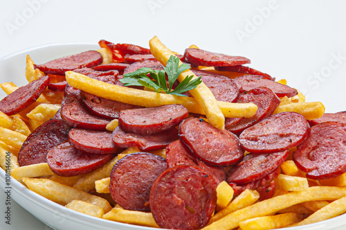 Porção de calabresa com batata frita photo