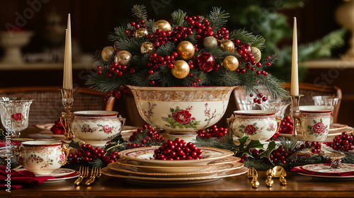 Beautifully set Christmas dining table with elegant dishware, candles, and red floral arrangements for a festive dinner photo