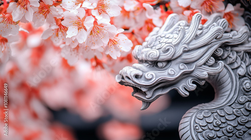 A beautifully detailed stone dragon sculpture surrounded by vibrant cherry blossoms, creating a harmonious and traditional scene symbolizing strength and elegance in Chinese culture. photo