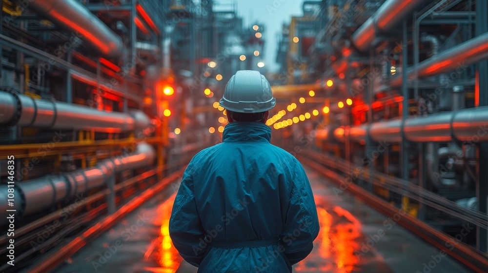 Construction Worker in Safety Gear Standing with Back to Camera Generative AI Construction Worker in Safety Gear Standing with Back to Camera Generative AI
